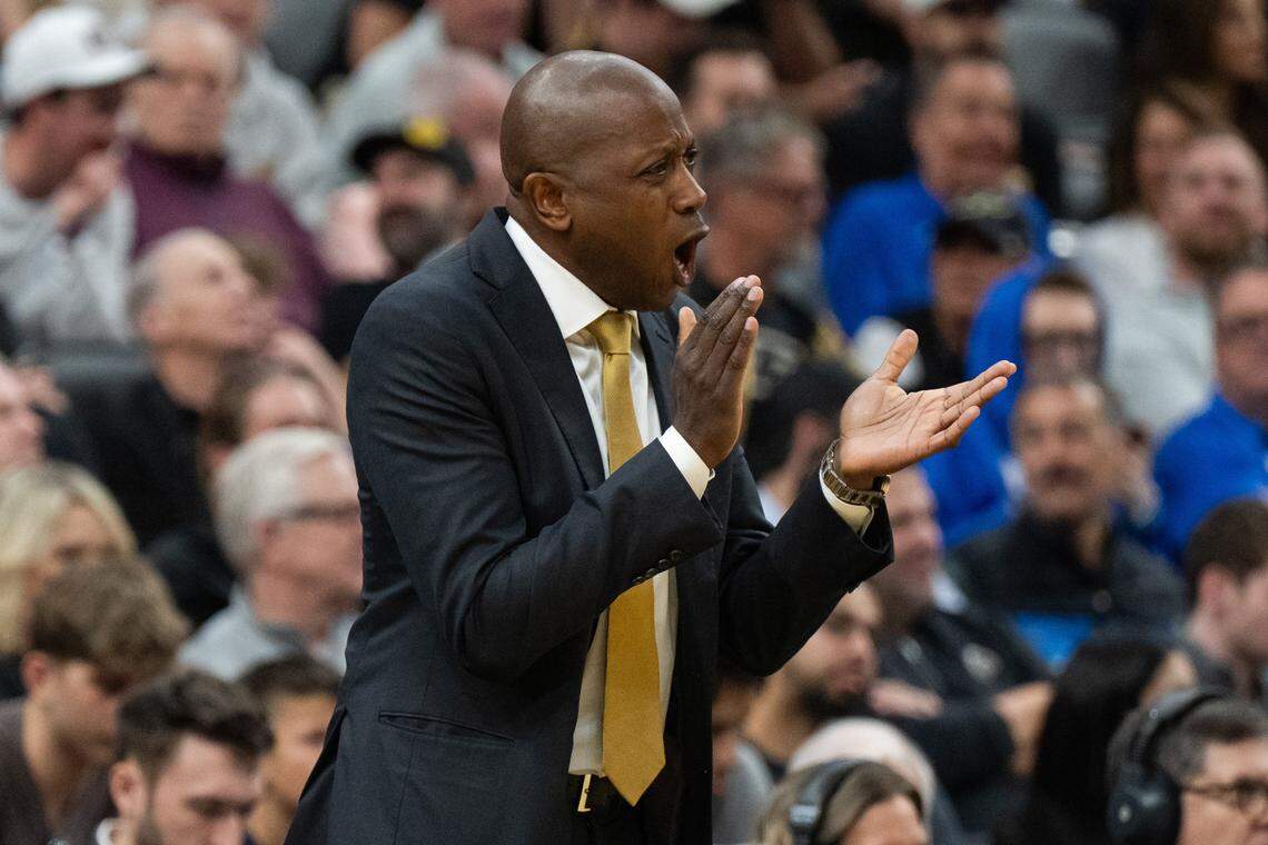 Missouri men’s basketball coach Dennis Gates claps encouragement to his team during the Tigers’ first-round NCAA Tournament loss to the Miami Hurricanes at the Enterprise Center in St. Louis on Friday, March 20, 2026.