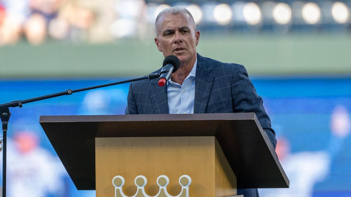 Former Kansas City Royals general manager Dayton Moore speaks during a Hall of Fame induction ceremony for former manager Ned Yost at Kauffman Stadium on Saturday, Sept. 2, 2023, in Kansas City.