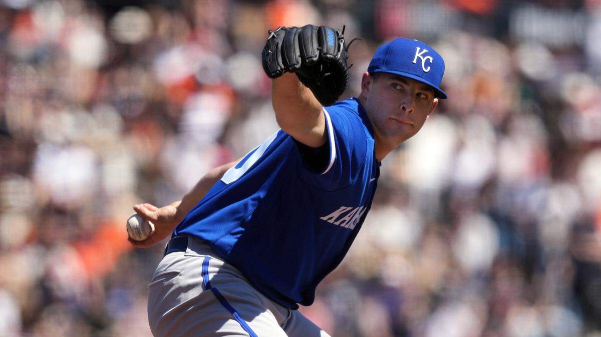 Kansas City Royals starting pitcher Kris Bubic (50) throws a pitch against the San Francisco Giants during the first inning at Oracle Park on April 9, 2023.