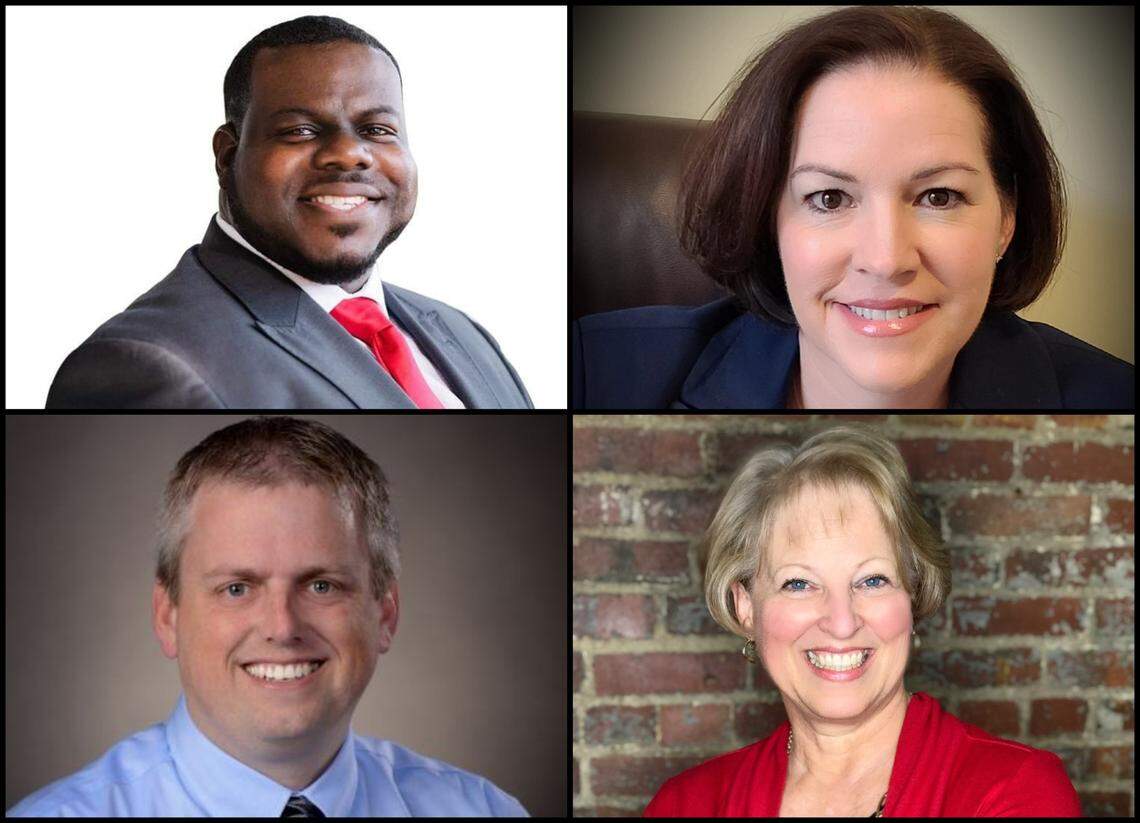 Four candidates are campaigning for two seats on the Lee’s Summit school board: top row from left, newcomers  Rodrick King Sparks and Michele Andrea Surber, and, bottom row from left, incumbent board president Ryan Murdock and Christine Bushyhead.