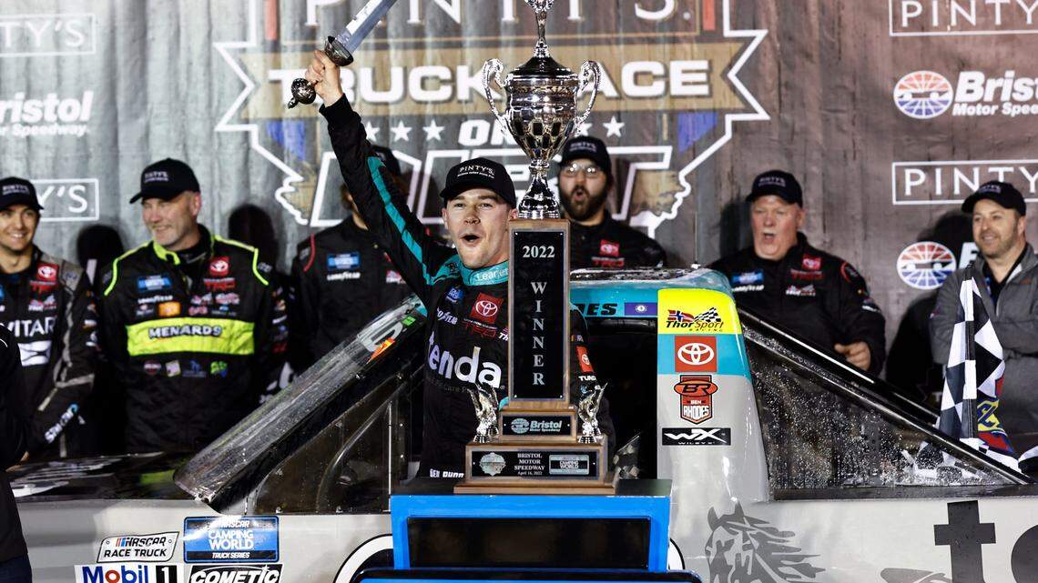 Ben Rhodes celebrates after winning the NASCAR Camping World Truck Series race in Bristol, Tennessee on April 16.