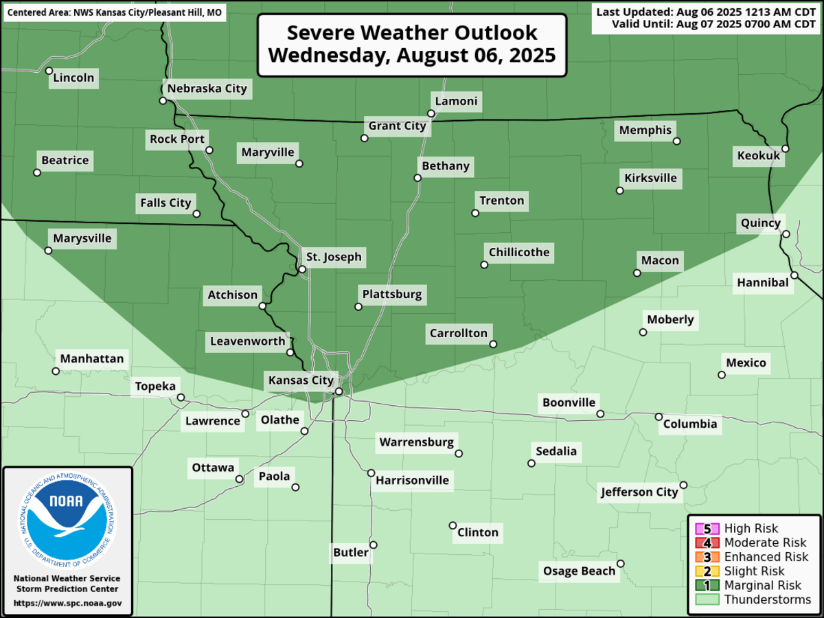 The National Weather Service’s Storm Prediction Center has placed areas north of a line from Harrisonville to Moberly, including the metro, under a marginal risk for severe weather on Wednesday. Although an isolated severe storm producing damaging wind gusts cannot be ruled out, chances for severe weather are rather low today, the weather service said