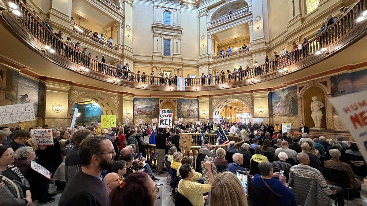 Kansans joined a Human Needs Are Human Rights rally in the State Capitol on Jan. 14.