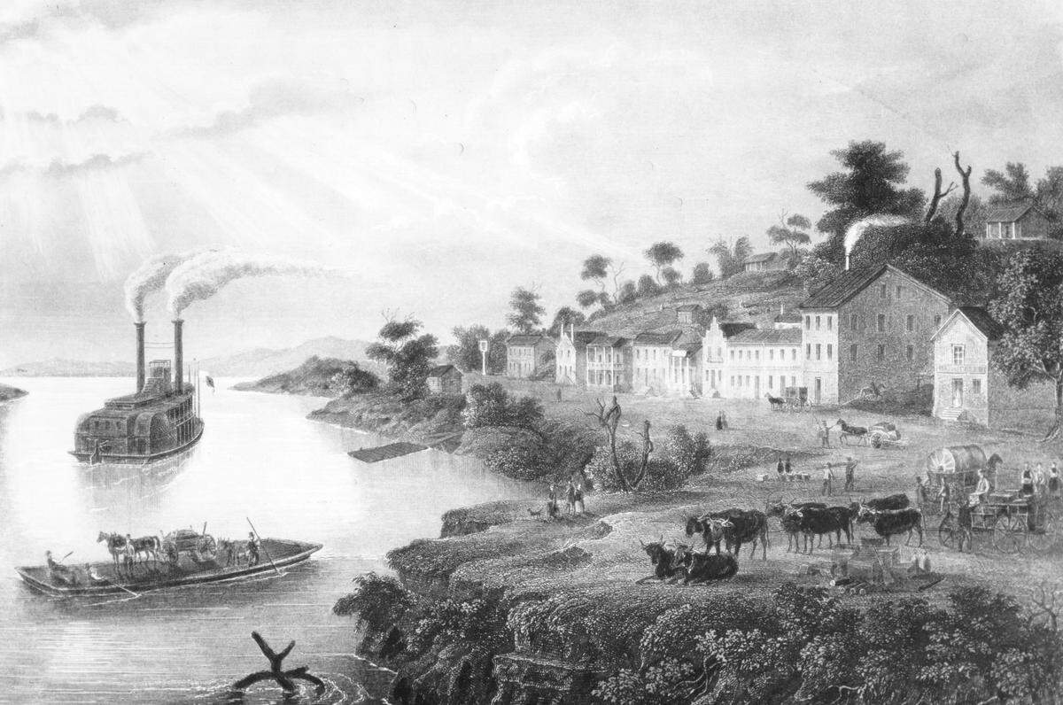 Early Riverfront Scene in the Town of Kansas, 1853