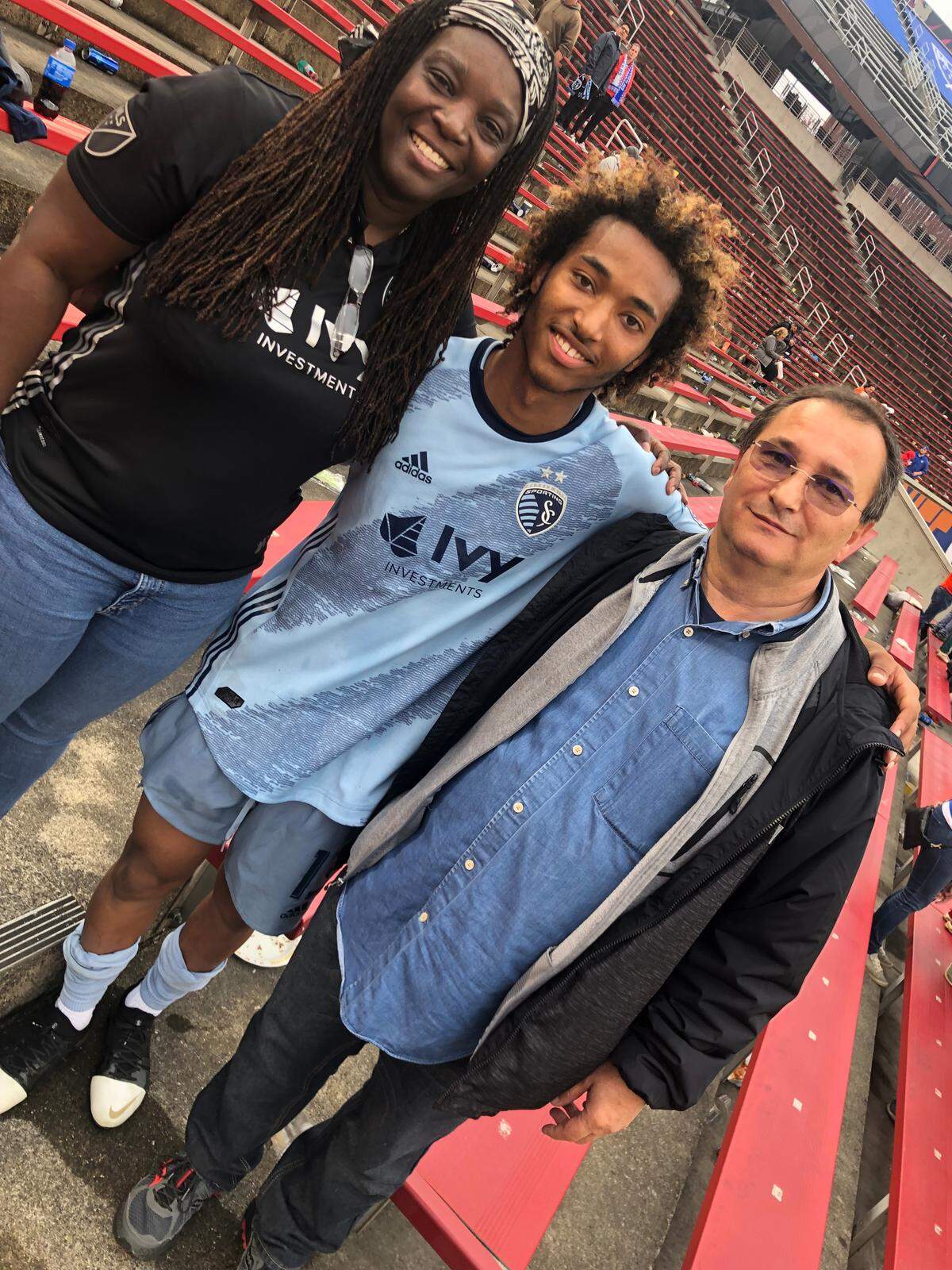 Sporting KC teenage midfielder Gianluca Busio (center) scored in a game in Cincinnati this year. His parents, Dionne (left) and Alessandro (right), drove to the game from North Carolina.