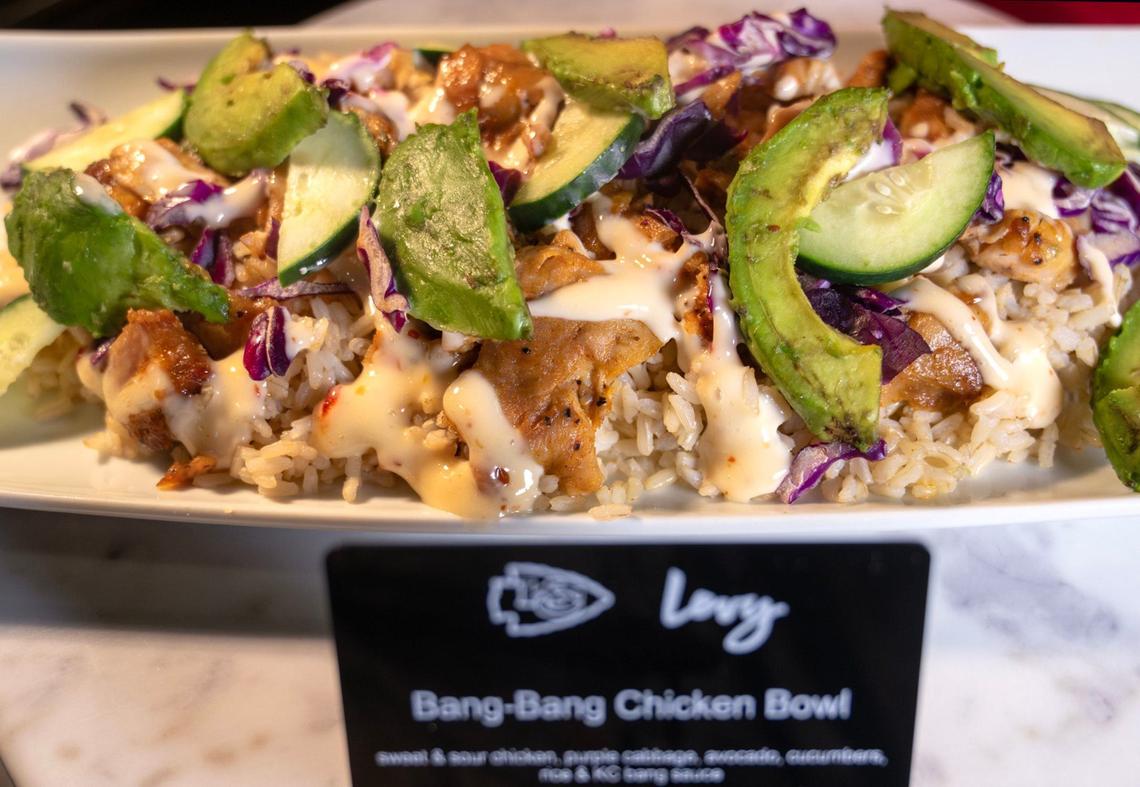 Bang-Bang Chicken Bowl is a new offering from Levy for Club Concessions at GEHA Arrowhead Stadium. The item features sweet and sour chicken, purple cabbage, avocado, cucumbers, rice and KC Bang sauce.