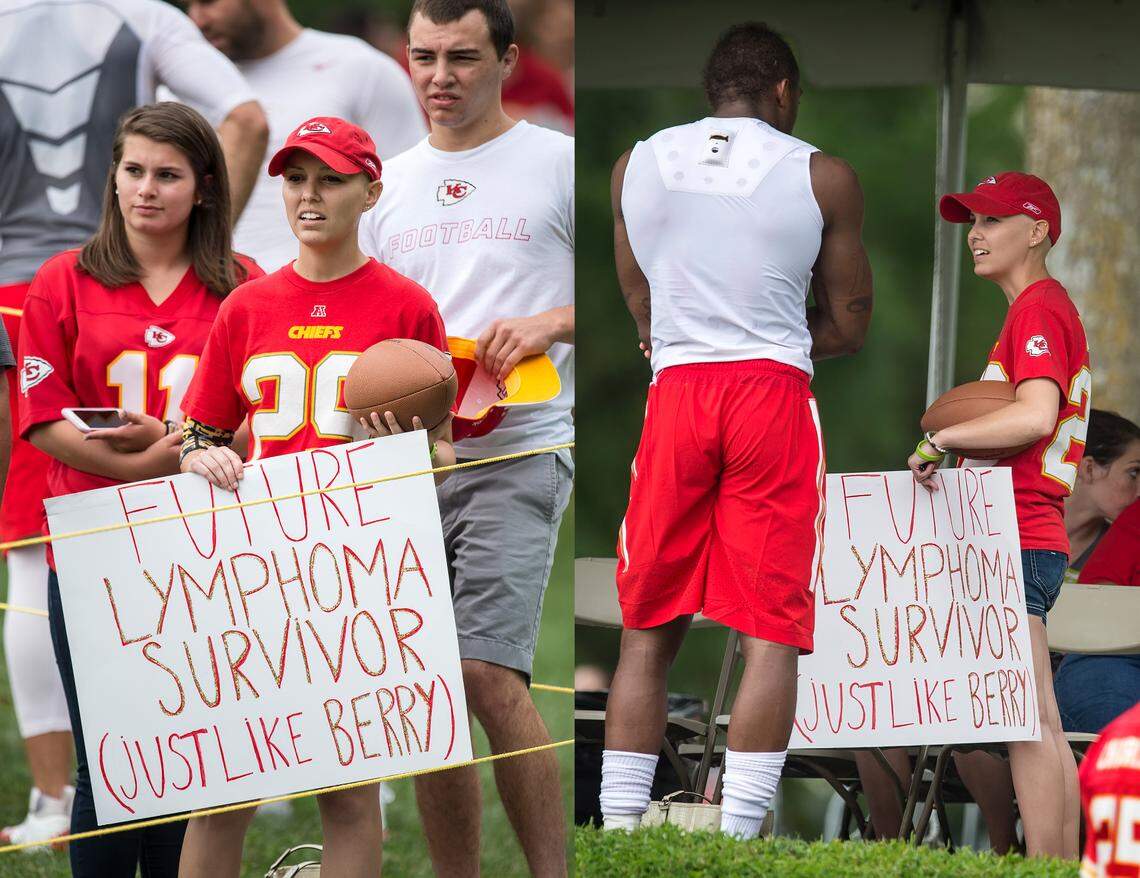 Kansas City Chiefs strong safety Eric Berry, left, met Alyssa Crabtree, 24, of Platte City, right, following the team’s training camp practice on August 5, 2015.