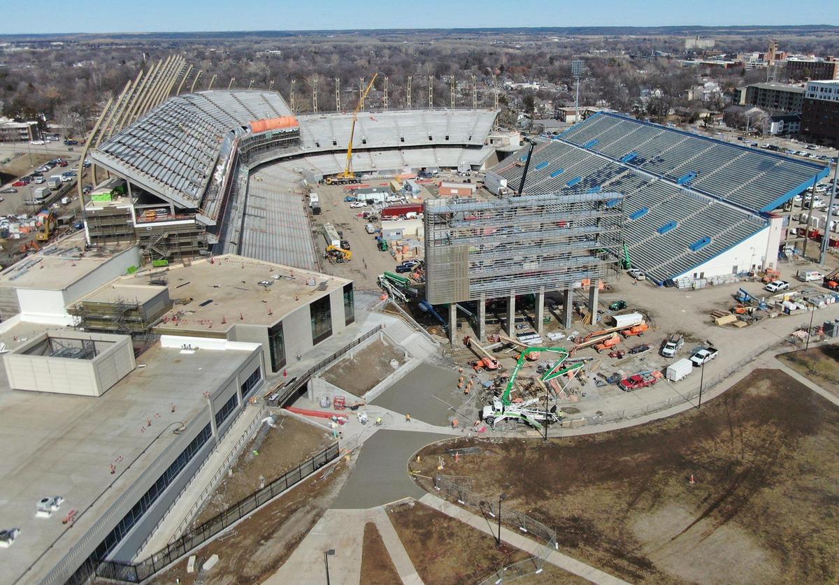 The view from the south of renovations at David Booth Kansas Memorial Stadium.