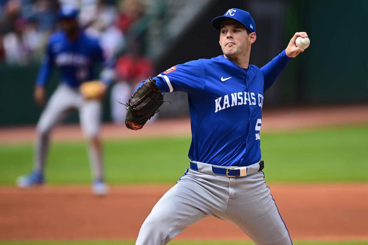 Kansas City Royals starting pitcher Cole Ragans throws during a Sunday, April 13, 2025 Major League Baseball game against the Guardians at Progressive Field in Cleveland.