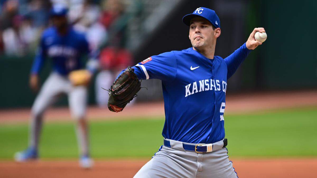Kansas City Royals starting pitcher Cole Ragans throws during a Sunday, April 13, 2025 Major League Baseball game against the Guardians at Progressive Field in Cleveland.