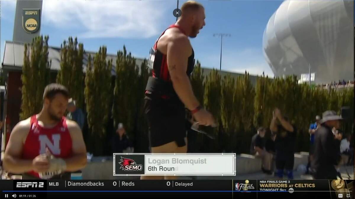 Logan Blomquist of Southeast Missouri State and Pleasant Hill High School won the NCAA championship in the hammer throw.