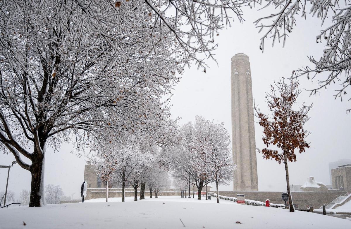 A fresh blanket of snow covers the National WWI Museum and Memorial on Tuesday, Jan. 9, 2024, in Kansas City.