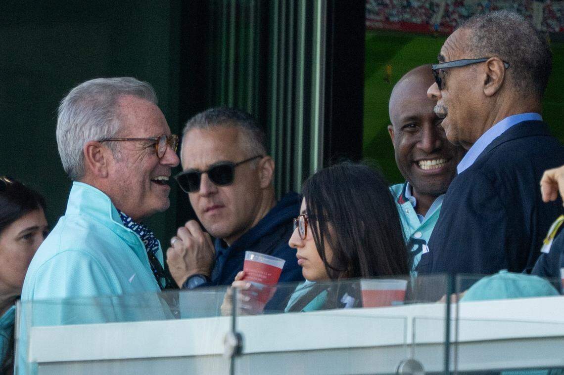 Missouri State Rep. Mark Alford, State Rep. Emmanuel Cleaver II, and Mayor Quinton Lucas chat during the Kansas City Current vs. the Utah Royals match, on Saturday, March 14, 2026, at the CPKC Stadium. The Current won 2-1 against the Utah Royals.