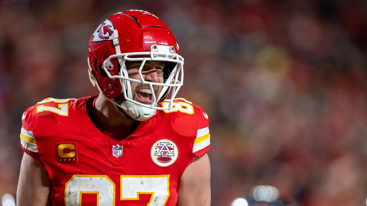 Kansas City Chiefs tight end Travis Kelce (87) was fired up after scoring a touchdown in the second half of the AFC Divisional Round playoff game on Saturday, Jan. 18, 2025, at GEHA Field at Arrowhead Stadium. The Chiefs defeated the Texans 23-14.