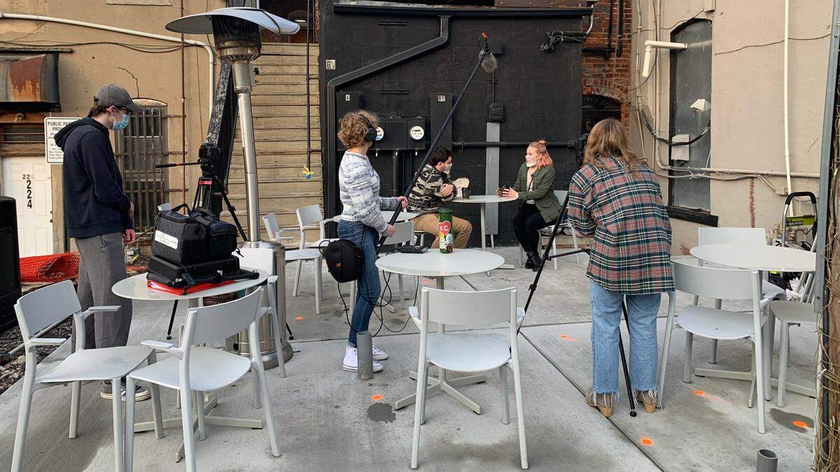 Beau Flint, Emma Thieme and Ella Larson helped film actors Arthur and Elaine Clifford for the “Cellular ‘Cenes” augmented reality play.