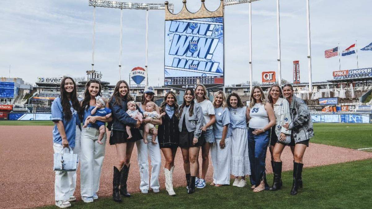 Kansas City Royals wives and their new babies posed at The K after the team won its home season opener at Kauffman Stadium on Monday.