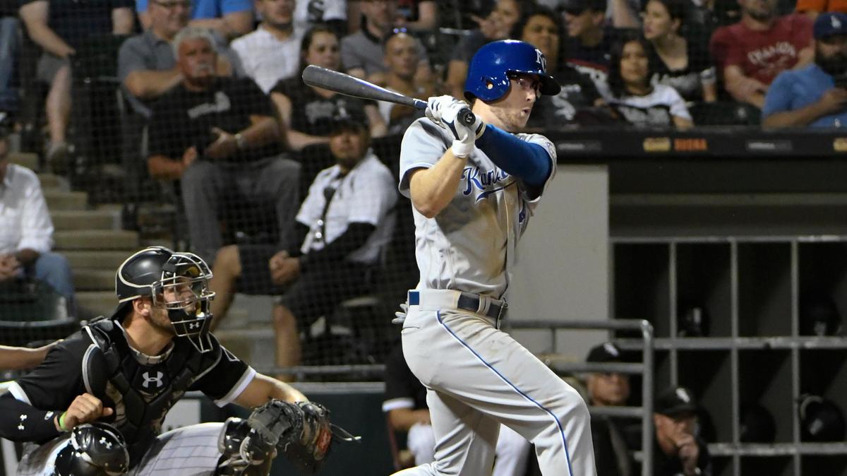 Kansas City Royals’ Brett Phillips watches his RBI single against the Chicago White Sox during the fifth inning of a baseball game Wednesday, Aug. 1, 2018, in Chicago.