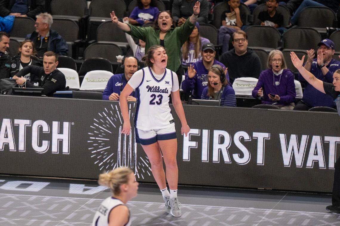 Kansas State Wildcats guard Jordan Speiser (23) celebrates after making a three pointer in the second half of the Wildcats first round game vs. the Cincinnati Bearcats, in the Big 12 Women’s Basketball Tournament on Wednesday, March 4, 2026, at T-Mobile Center.