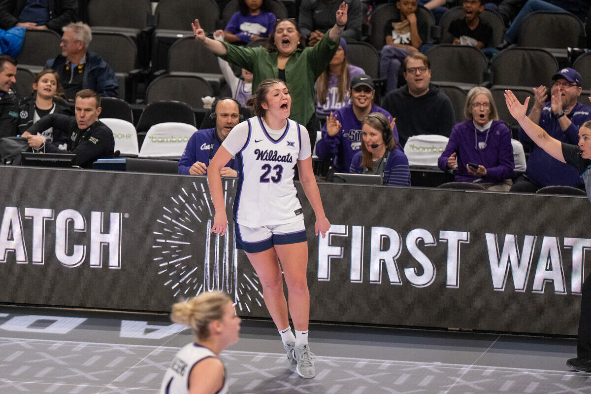 Kansas State Wildcats guard Jordan Speiser (23) celebrates after making a 3-pointer in the second half of the Wildcats’ first round game vs. the Cincinnati Bearcats in the Big 12 Women’s Basketball Tournament. The Wildcats face No. 5 seed Texas Tech in the second round Thursday at T-Mobile Center. 