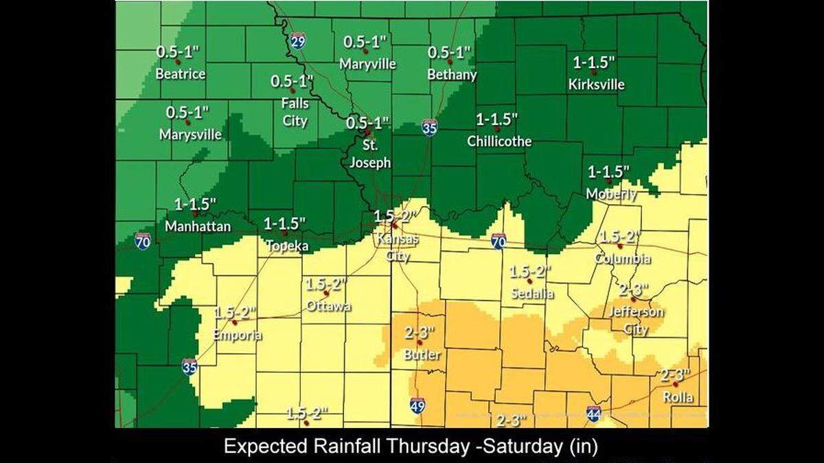 Storms are expected to return to the Kansas City area Thursday, bringing much needed rain and possible downpours. Up to two inches of rain is possible in parts of the Kansas City area through Saturday, while areas to the south could see as much as three inches, according to the National Weather Service.