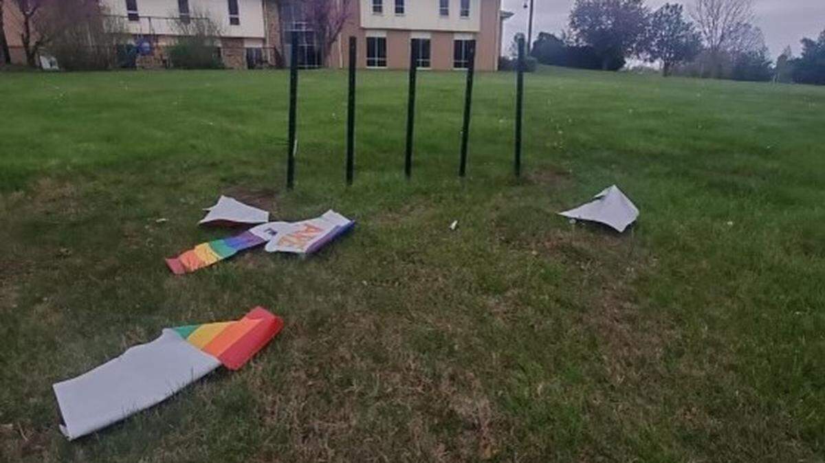A banner at Indian Heights United Methodist Church was found slashed into pieces. The vandalism is being investigated as a hate crime, the Overland Park Police Department said.