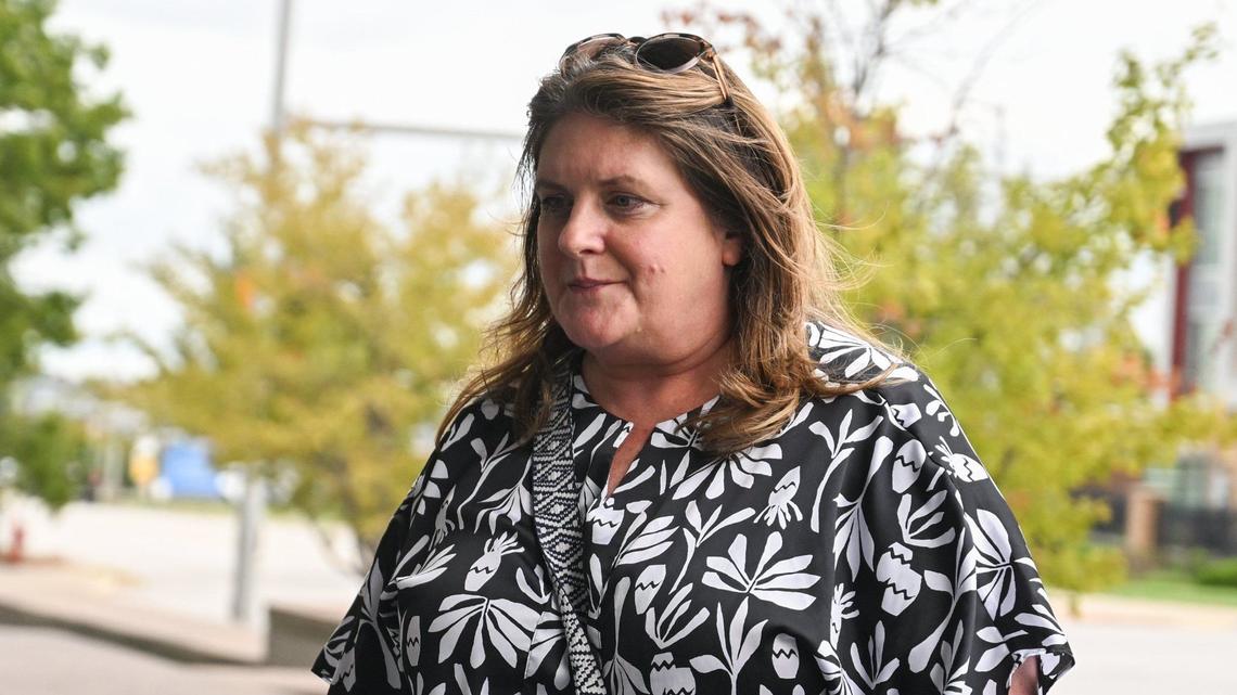 Kathy Stapp, former international secretary-treasurer of the Boilermakers Union, enters the Robert J. Dole Federal Courthouse in Kansas City, Kansas, on Aug. 30, 2024. Four former union officers made their first appearances in federal court after being indicted Aug. 21 on embezzlement and other felony charges.