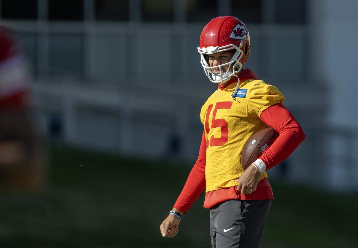 Kansas City Chiefs quarterback Patrick Mahomes (15) during practice at the team's training facility on Friday, November 14, 2025, in Kansas City.