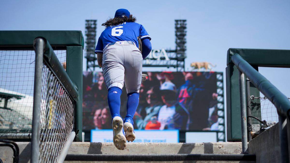 Apr 20, 2025; Detroit, Michigan, USA; Kansas City Royals third baseman Jonathan India (6) takes the field between innings against the Detroit Tigers at Comerica Park. Mandatory Credit: Aaron Doster-Imagn Images
