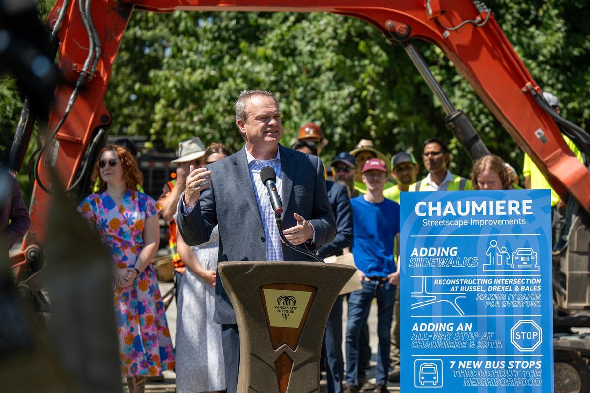 Jason Waldron, transportation director of Kansas City, speaks to the media during the groundbreaking ceremony for new sidewalks in the Chaumiere neighborhood on Monday, Aug. 26, 2024.