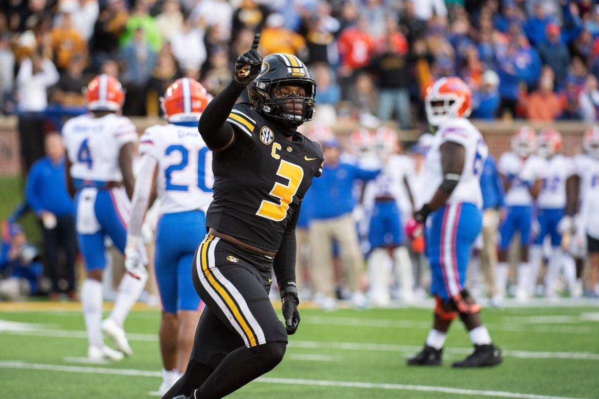 Missouri defensive back Martez Manuel celebrates a broken up pass during the second quarter of an NCAA college football game against Florida Saturday, Nov. 20, 2021, in Columbia, Mo. (AP Photo/L.G. Patterson)
