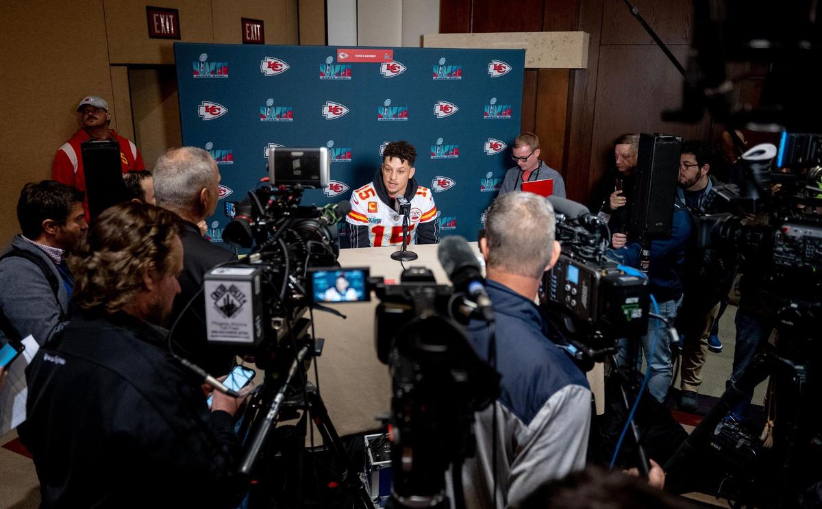 Kansas City Chiefs quarterback Patrick Mahomes answers questions from media members during the team’s media availability on Thursday, Feb. 9, 2023, in Scottsdale, Ariz.