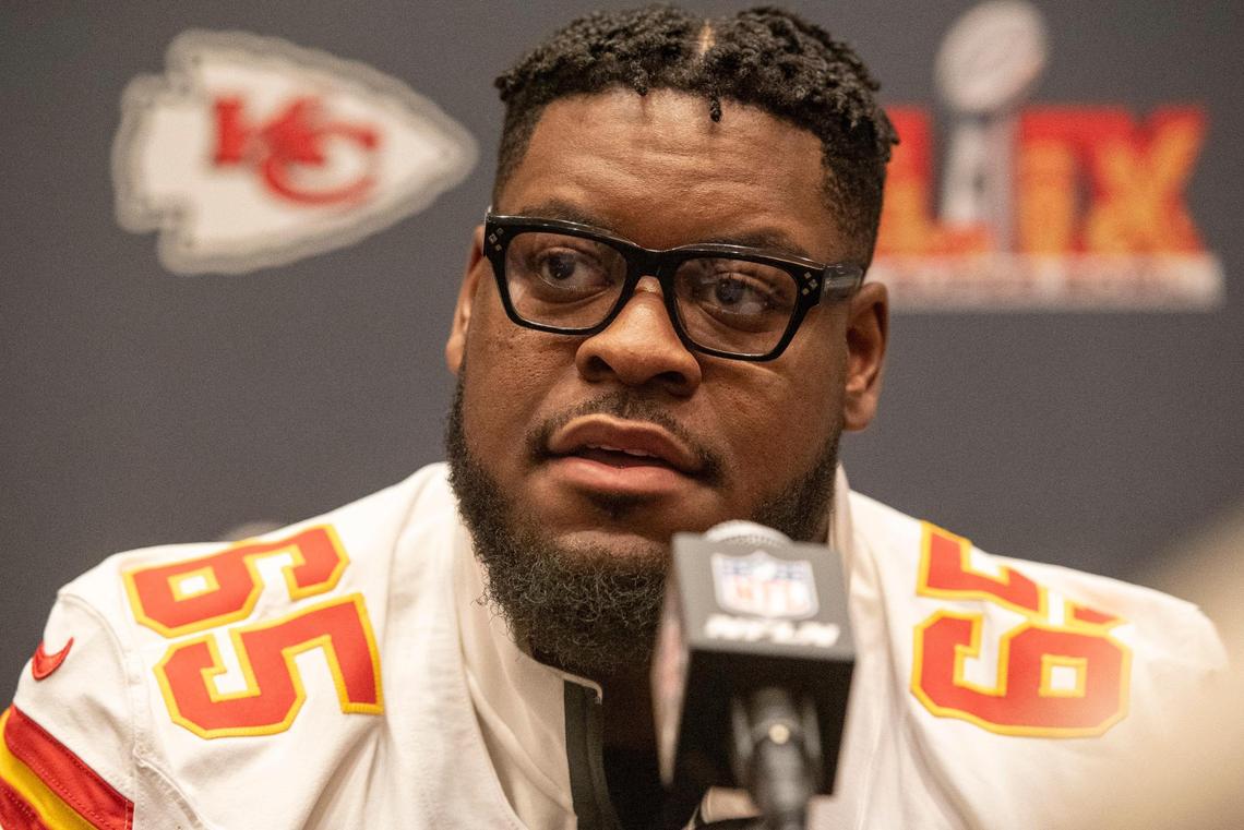 Kansas City Chiefs guard Trey Smith (65) takes questions from the media during team media availability at New Orleans Marriott in New Orleans on Wednesday, Feb. 5, 2025.
