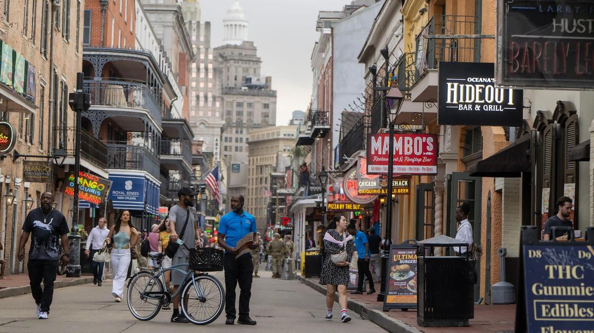 Visitors strolled along Bourbon Street in the famed French Quarter on Wednesday, Feb. 5, 2025, in New Orleans.
