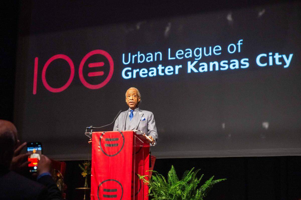 Rev. Al Sharpton speaks to the audience at the “Difference Maker” Awards Luncheon on Thursday, March 19, 2026, in Kansas City. Sharpton was an honored guest at the event where Urban League of Greater Kansas City CEO Gwendolyn Grant officially announced her retirement.