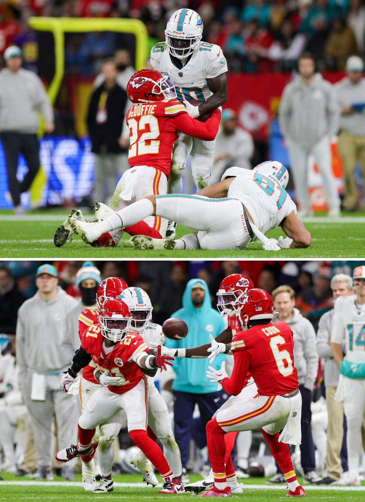 This defensive sequence by the Chiefs was huge against the Miami Dolphins in a Week 9 game at Frankfurt, Germany: Chiefs cornerback Trent McDuffie hit former KC receiver Tyreek Hill after a catch, jarring loose the ball. KC’s Mike Edwards, who recovered Hill’s fumble, then tossed a lateral to fellow Chiefs safety Bryan Cook, who returned it for a touchdown.