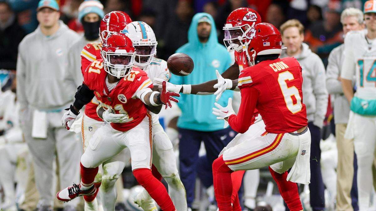 This defensive sequence by the Chiefs was huge against the Miami Dolphins on Sunday in Frankfurt, Germany: Chiefs cornerback Trent McDuffie hit former KC receiver Tyreek Hill after a catch, jarring loose the ball. KC’s Mike Edwards, who recovered Hill’s fumble, then tossed a lateral to fellow Chiefs safety Bryan Cook, who returned it for a touchdown.