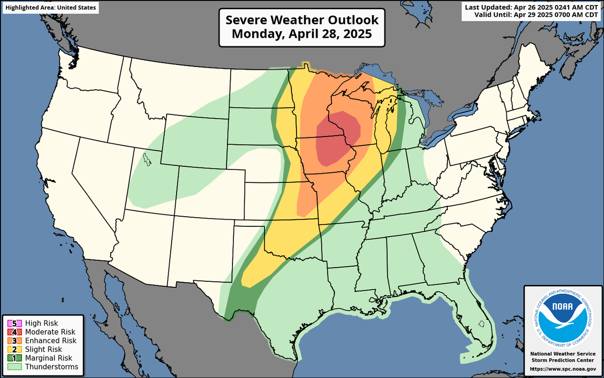 An outbreak of severe weather is likely across portions of the Midwest and upper Midwest on Monday, according to the National Weather Service’s Storm Prediction Center. Large hail, severe wind gusts, and strong to intense tornadoes are likely. The Kansas City area is under an enhanced risk, which is the third level on five-point scale of severe weather.