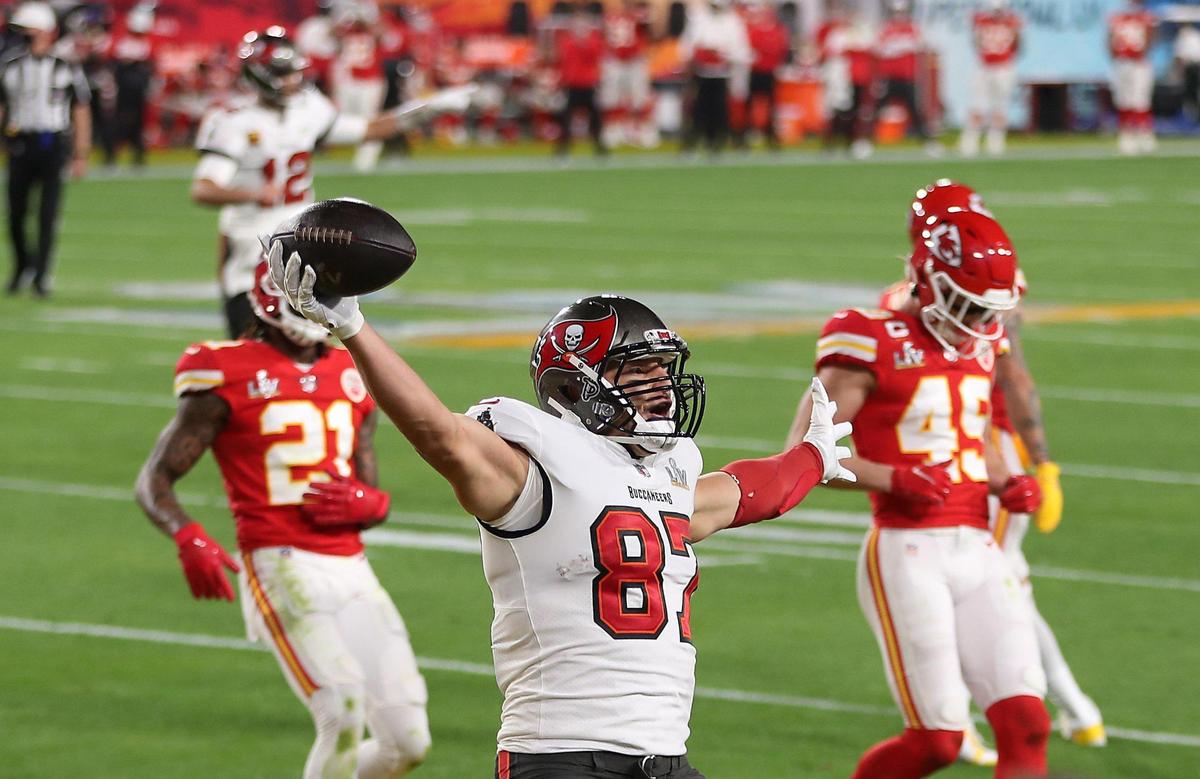 Tampa Bay Buccaneers tight end Rob Gronkowski celebrates scoring a touchdown during the first quarter against the Kansas City Chiefs Sunday, February 7, 2021, at Super Bowl LV at Raymond James Stadium in Tampa, Florida.