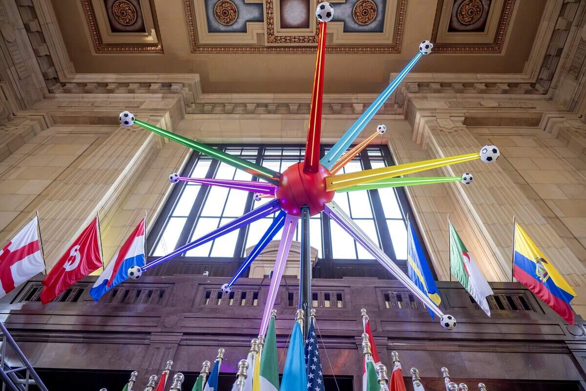 An art installation called “Nations in Motion” is displayed at Union Station near the entrance on Tuesday, June 9, 2026, in Kansas City.