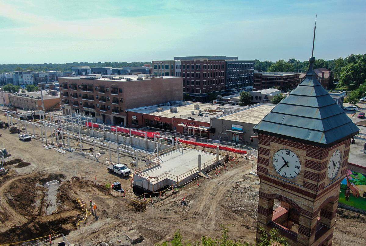 Construction work continues on a new pavilion for the new Farmers’ Market and Downtown Gathering Space Improvement project on Friday, Aug. 15, 2025, in downtown Overland Park. The $34 million project includes a space for watch parties, concerts and other community events, is slated for completion in the summer of 2026.