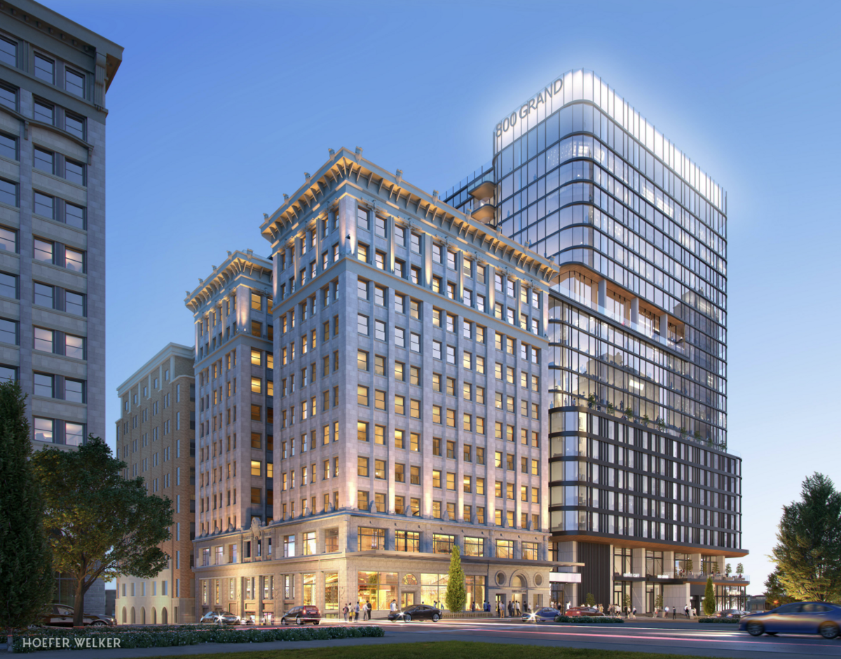 A rendering of a proposed project that would rehabilitate the historic Scarritt Building and add a new tower in downtown Kansas City.