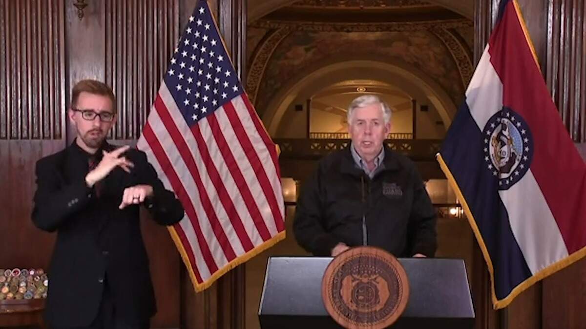 Missouri Gov. Mike Parson went over some details of the state’s stay-at-home order during a news conference Saturday, April 4, 2020. The order limits the number of people entering retail businesses and allows non-essential businesses to remain open as long as they adhere to social distancing guidelines.