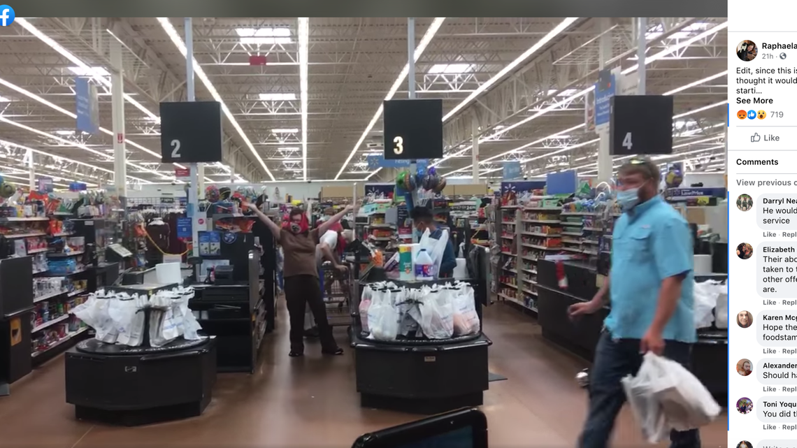 A couple in Minnesota were caught on video wearing swastika flags as face masks while checking out at Walmart.