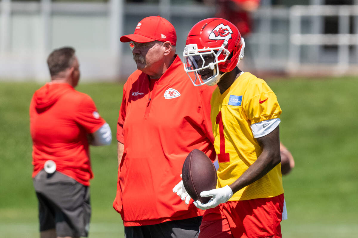 Chiefs head coach Andy Reid watches mandatory minicamp practice with receiver Xavier Worthy (No. 1) on Tuesday, June 9, 2026 at the team’s training facility in Kansas City.