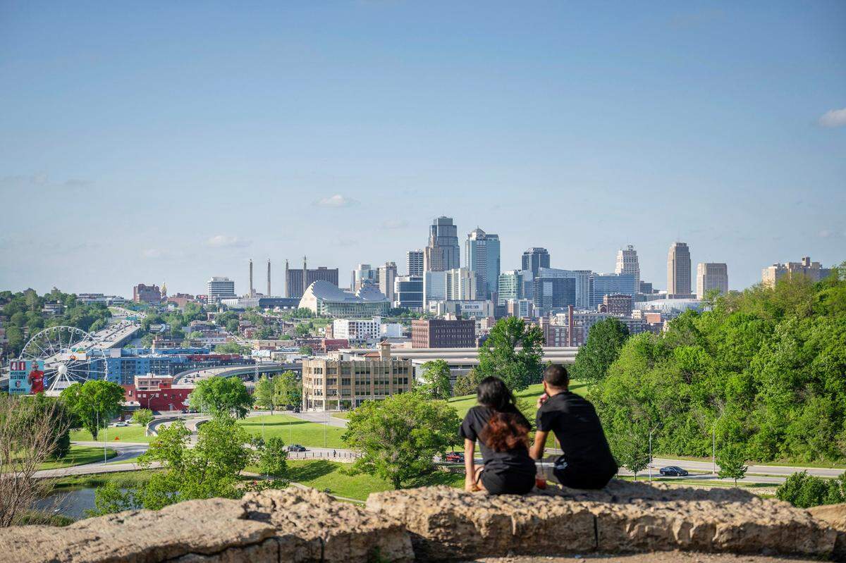 The Kansas City skyline is seen from Penn Valley Park on Wednesday, May 8, 2024.