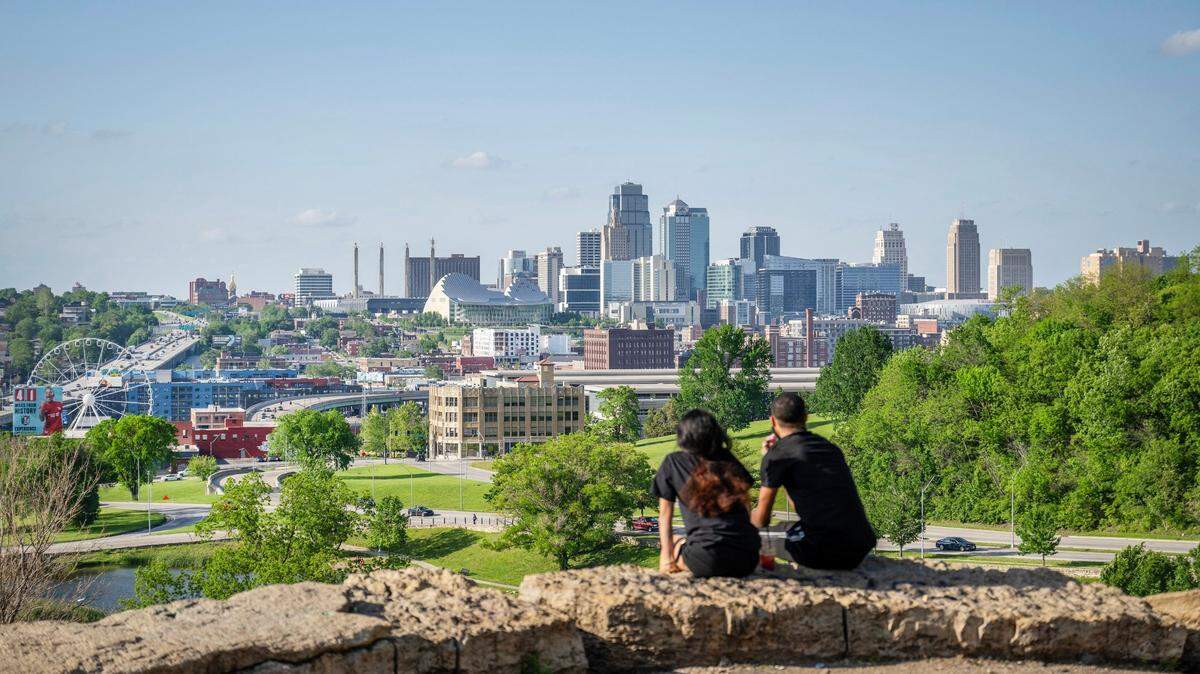 The Kansas City skyline is seen from Penn Valley Park on May 8, 2024.