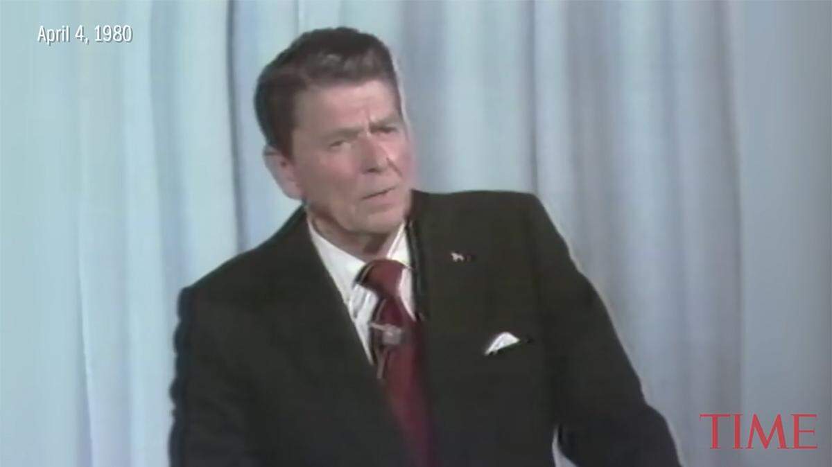 Ronald Reagan at a 1980 presidential debate with George H.W. Bush.
