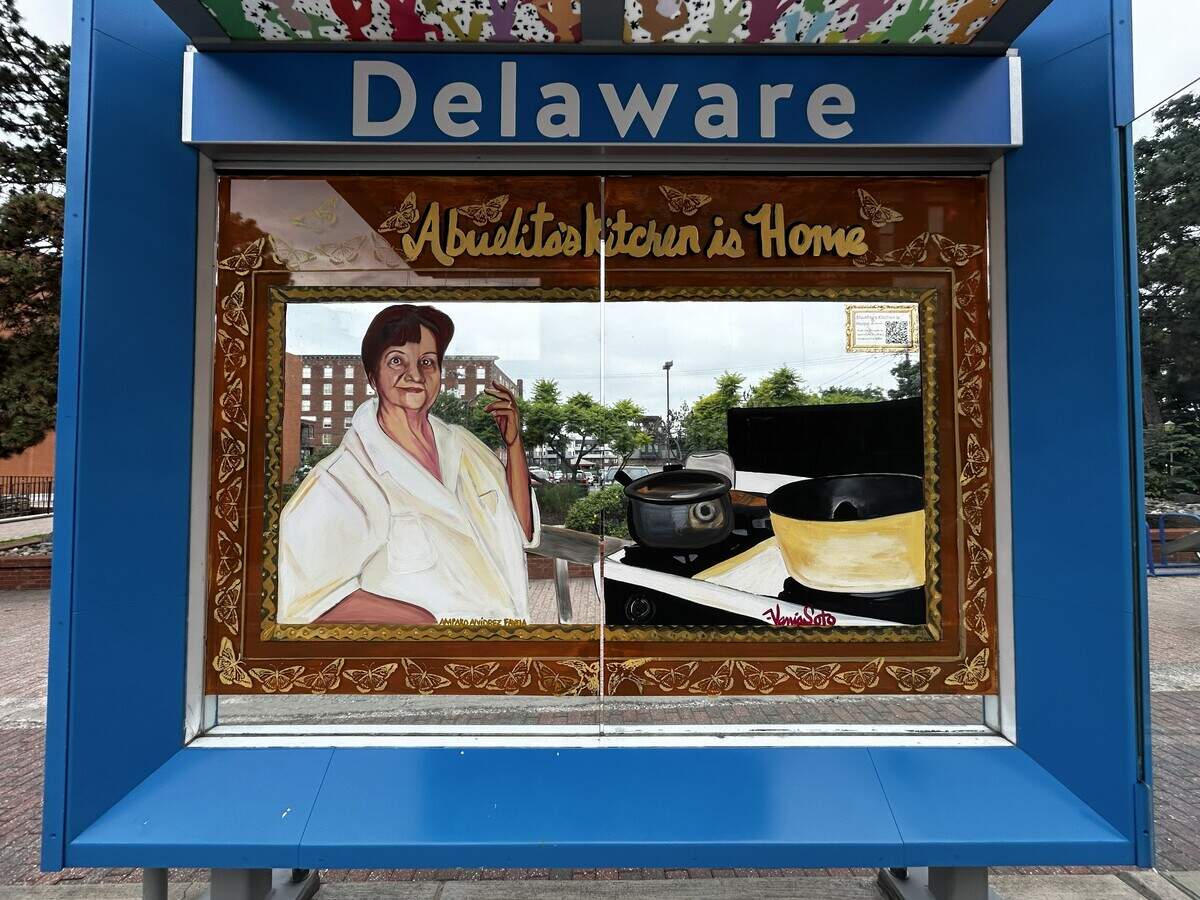 Vania Soto’s submission for the live painting she did at the River Market West (Delaware) streetcar shelter.