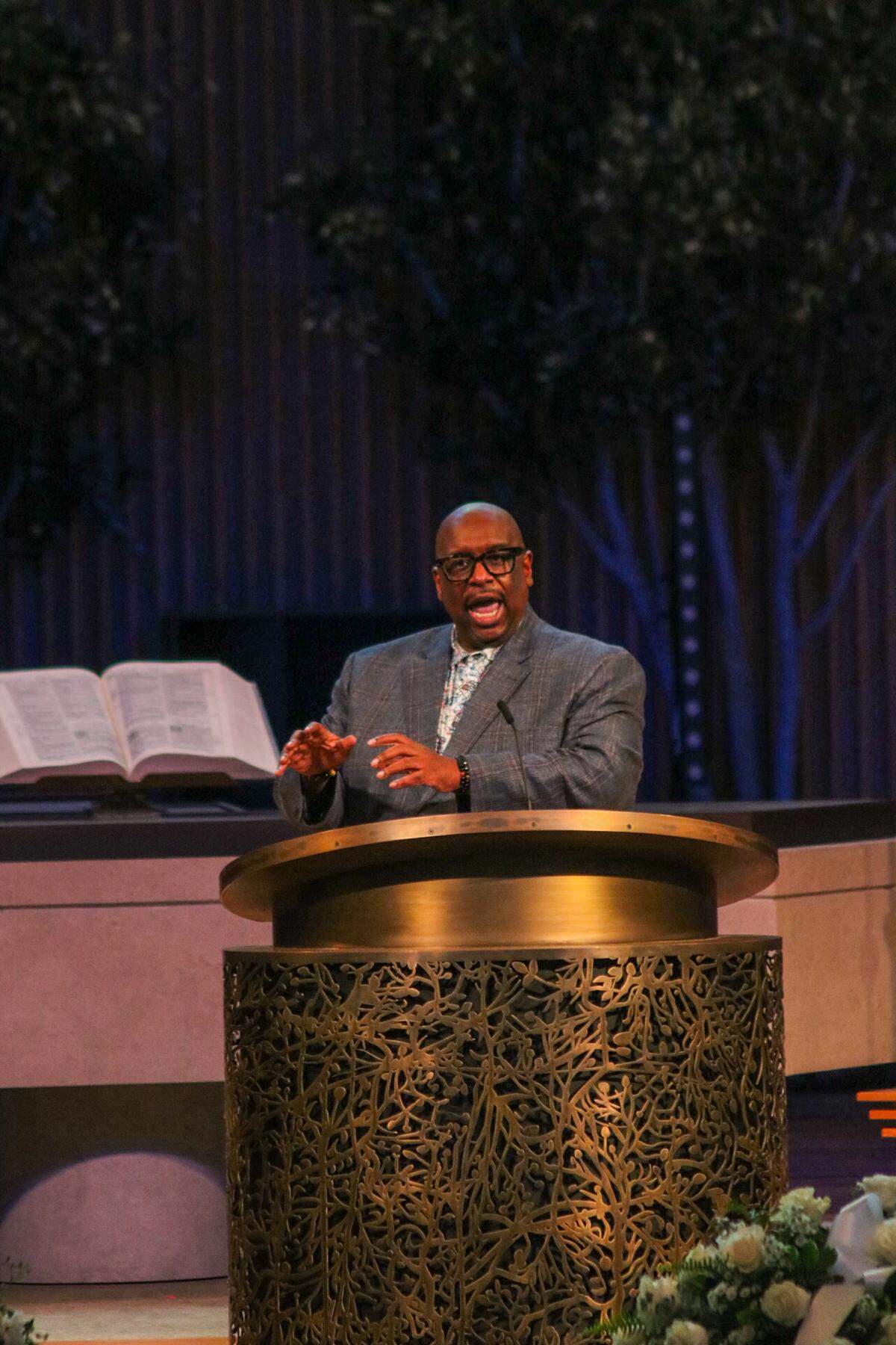 Rev. Darron LaMonte Edwards Sr. delivers Cynthia Newsome’s eulogy and preaches at her funeral on May 30, 2026.