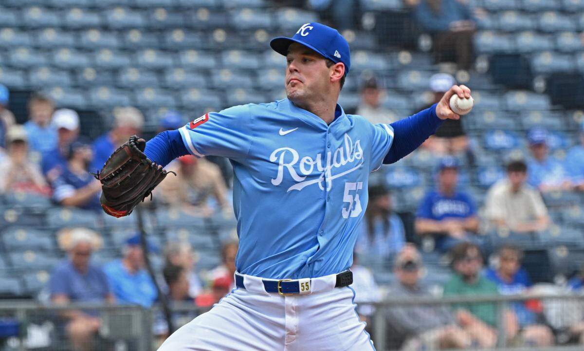 Kansas City Royals starting pitcher Cole Ragans (55) throws a pitch in the first inning against the Colorado Rockies at Kauffman Stadium on April 24, 2025 in Kansas City.